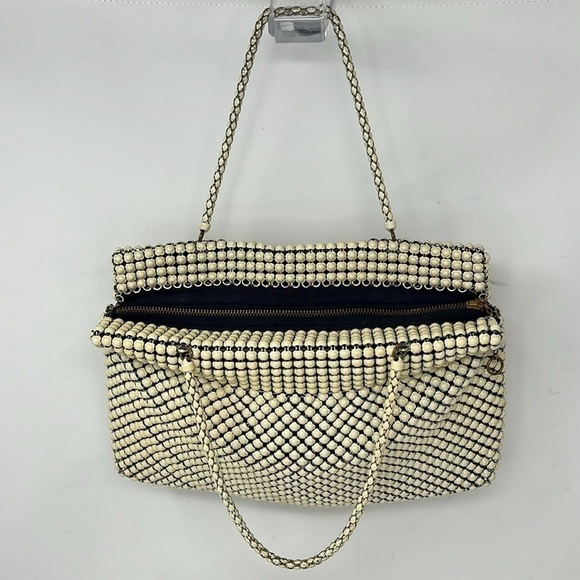 Whiting & Davis Cream Alumesh Metal Mesh Zip Top Double Handle Purse - Picture 1 of 12